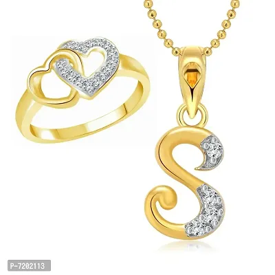 Vighnaharta Gold and Rhodium Plated Hum Tum Heart Ring with Initial Letter ''S'' Pendant Jewellery Combo Set for Women