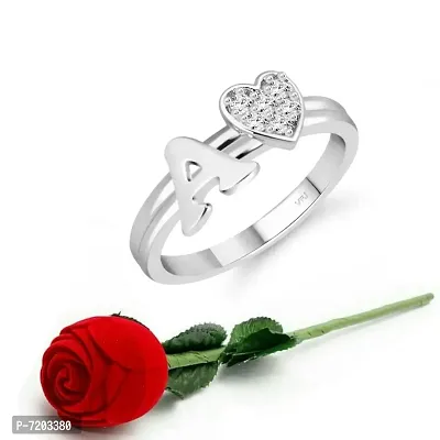 Vighnaharta cz alloy Rhodium plated Valentine collection Initial '' A'' Letter with heart ring alphabet collection with Scented Velvet Rose Ring Box for women and girls and your Valentine.