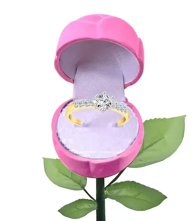 Vighnaharta Engage Solitaire CZ Gold- Plated Alloy Ring With PROSE Ring Box for Women and Girls - [VFJ1225ROSE-PINK-G14]