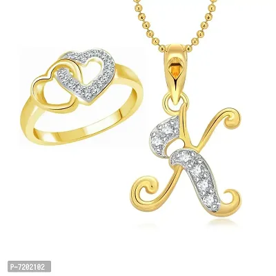 Vighnaharta Valentine Gift Hum Tum Heart Ring with Initial Letter ''K'' Pendant Set Gold and Rhodium Plated Combo