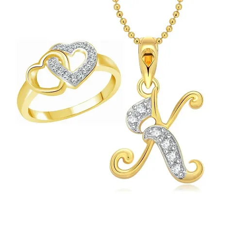 Vighnaharta Valentine Gift Hum Tum Heart Ring with Initial Letter ''K'' Pendant Set and Plated Combo