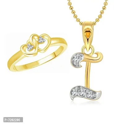 Vighnaharta Valentine Gift Dual Heart Ring with Initial ''I'' Letter Pendant Gold and Rhodium Plated Jewellery Combo Set