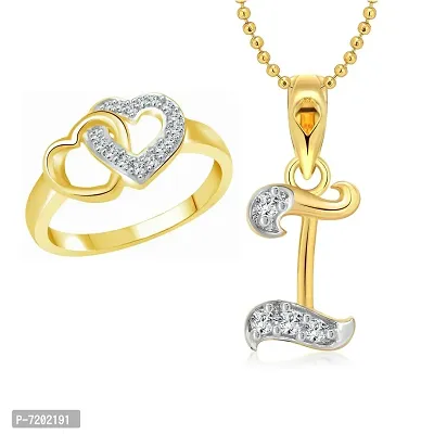 Vighnaharta Valentine Gift Hum Tum Heart Ring with Initial Letter ''I'' Pendant Gold and Rhodium Plated Jewellery Combo Set