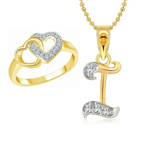 Vighnaharta Valentine Gift Hum Tum Heart Ring with Initial Letter ''I'' Pendant and Plated Jewellery Combo Set