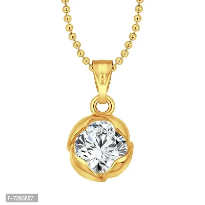 White Lily Flower Solitaire CZ Gold Plated Pendant with Chain for Girls