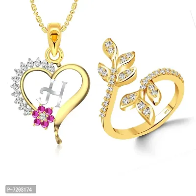 Vighnaharta Valentine Day Gifts Initial H Letter Pendant with Adjustable Ring CZ Gold and Rhodium Plated Jewellery set for Women and Girls.