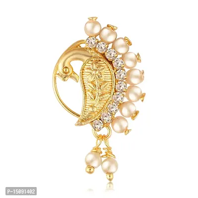 Vighnaharta Gold Plated with Peals Alloy and CZ stone Non Piercing Maharashtrian Nath Nathiya./ Nose Pin for women [VFJ1078NTH-Press-White ]-thumb0