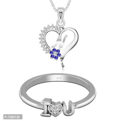 Vighnaharta Valentine Gift Ring with Alphabet Heart Pendant with Chain CZ Rhodium Plated Alloy Combo Set for Women and Girls- (VFJ1253PR-1474FRR14)