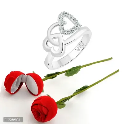 Vighnaharta Valentine's CZ Rhodium Plated Ring with Scented Rose Ring Box for Women and Girls. [Pack of- 1 Ring and 1 Scented Rose]-VFJ1272SCENT-ROSE12