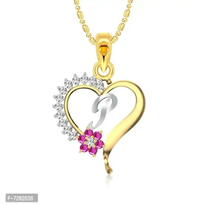 Vighnaharta Valentine's Pink Flower Heart Initial P Letter CZ Gold and Rhodium Plated Alloy Pendant for Women and Girls-[VFJ1254PG]-thumb0