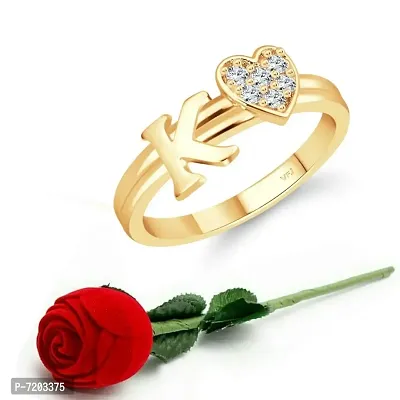 Vighnaharta cz alloy Gold plated Valentine collection Initial '' K '' Letter with heart ring alphabet collection with Scented Velvet Rose Ring Box for women and girls and your Valentine.