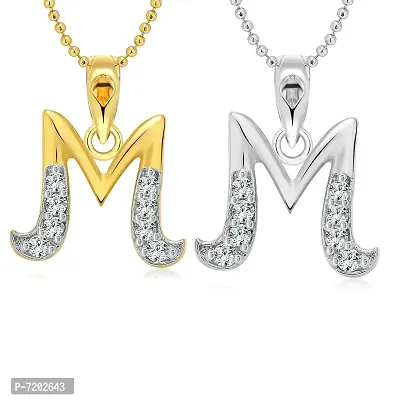 Vighnaharta M Letter Selfie CZ Gold and Rhodium Plated Alloy Pendant with Chain for Girls and Women.