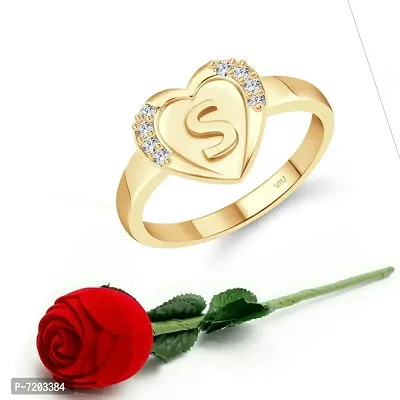 Vighnaharta cz alloy Gold plated Valentine collection Initial '' S '' Letter in heart ring alphabet collection with Scented Velvet Rose Ring Box for women and girls and your Valentine.-thumb0