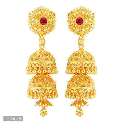 Golden Brass No Gemstone Jhumkas Earrings For Women-thumb0