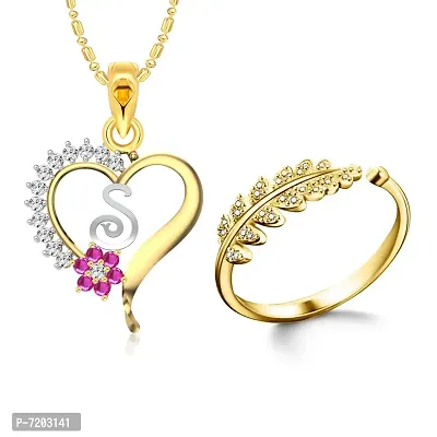 Vighnaharta Valentine Day Gifts Initial S Letter Pendant with Adjustable Ring Jewellery set for Women and Girls.