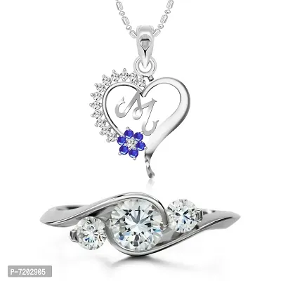 Vighnaharta Valentine Gift Ring with Alphabet Heart Pendant with Chain CZ Rhodium Plated Alloy Combo Set for Women and Girls- (VFJ1252PR-1574FRR14)