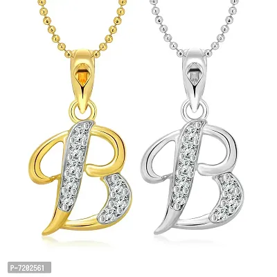 Vighnaharta B Letter Selfie CZ Gold and Rhodium Plated Alloy Pendant with Chain for Girls and Women.