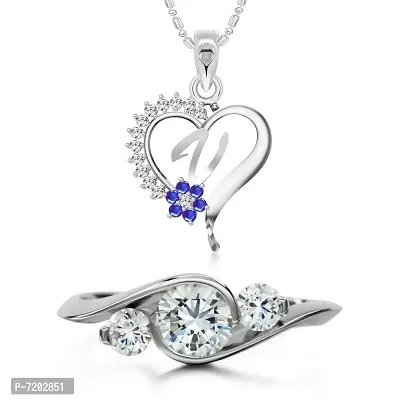 Vighnaharta Valentine Gift Ring with Alphabet Heart Pendant with Chain CZ Rhodium Plated Alloy Combo Set for Women and Girls- (VFJ1257PR-1574FRR10)