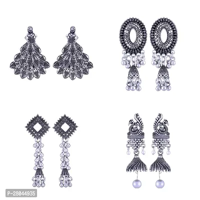 Elegant Oxidised Silver Earrings For Women Pack Of 4-thumb0