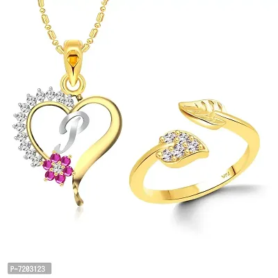 Vighnaharta Valentine Day Gifts Initial P Letter Pendant with Adjustable Ring CZ Gold and Rhodium Plated Alloy Jewellery set for Women and Girls.