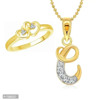 Vighnaharta Valentine Gift Dual Heart Ring with Initial ''C'' Letter Pendant Gold and Rhodium Plated Jewellery Combo Set