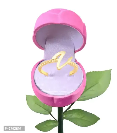 Vighnaharta Stylish V Letter Gold- Plated Alloy Ring With PROSE Ring Box {VFJ1313ROSE-PINK-G12 }