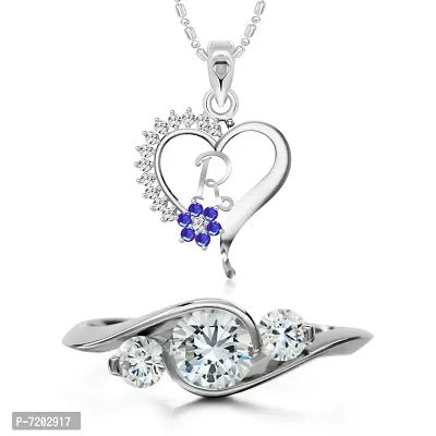 Vighnaharta Valentine Gift Ring with Alphabet Heart Pendant with Chain CZ Rhodium Plated Alloy Combo Set for Women and Girls- (VFJ1255PR-1574FRR12)