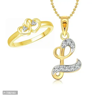 Vighnaharta Valentine Gift Dual Heart Ring with Initial ''L'' Letter Pendant Gold and Rhodium Plated Jewellery Combo Set