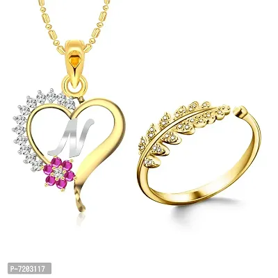 Vighnaharta Valentine Day Gifts Initial N Letter Pendant with Adjustable Ring CZ Gold and Rhodium Plated Jewellery set for Women and Girls.-thumb0