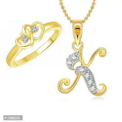 Vighnaharta Valentine Gift Dual Heart Ring with Initial ''K'' Letter Pendant Set Gold and Rhodium Plated Combo