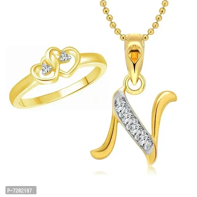 Vighnaharta Valentine Gift Dual Heart Ring with Initial ''N'' Letter Pendant Gold and Rhodium Plated Jewellery Combo Set