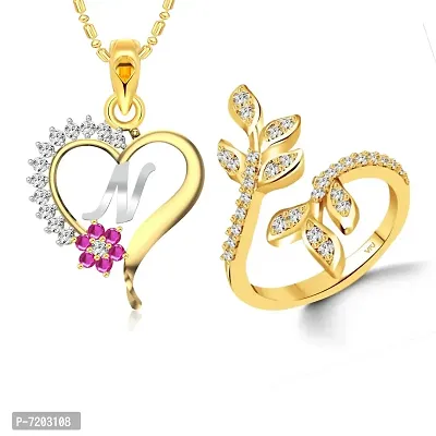 Vighnaharta Valentine Day Gifts Initial N Letter Pendant with Adjustable Gold and Rhodium Plated Jewellery set for Women and Girls.-thumb0