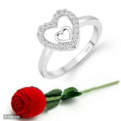 Vighnaharta Silver Royal Heart Designer Ring with Scented Velvet Rose Ring Box for Women and Girls and Your Valentine. [VFJ1585SCENT- ROSE12 ]