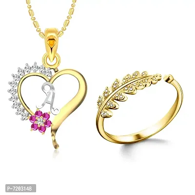 Vighnaharta Valentine Day Gifts Initial A Letter Pendant with Adjustable Ring CZ Gold and Rhodium Plated Alloy Jewellery set for Women and Girls.