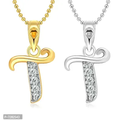 Vighnaharta T Letter Selfie CZ Gold and Rhodium Plated Alloy Pendant with Chain for Girls and Women.