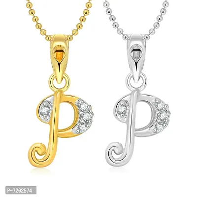 Vighnaharta P Letter Selfie CZ Gold and Rhodium Plated Alloy Pendant with Chain for Girls and Women.