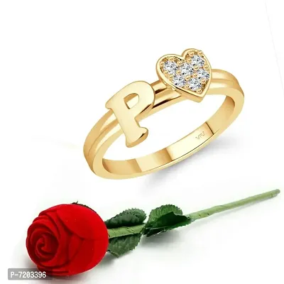 Vighnaharta cz alloy Gold plated Valentine collection Initial '' P '' Letter with heart ring alphabet collection with Scented Velvet Rose Ring Box for women and girls and your Valentine.