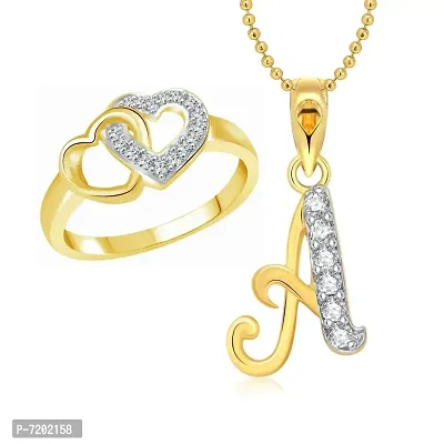 Vighnaharta Valentine Gift Hum Tum Heart Ring with Initial Letter ''A'' Pendant Gold and Rhodium Plated Jewellery Combo Set