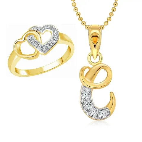 Alphabetical Style Gold Plated Pendant Set And Ring Combo Valentine Gift