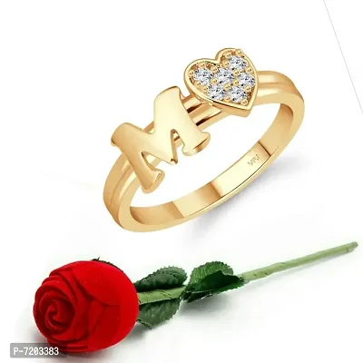 Vighnaharta cz alloy Gold plated Valentine collection Initial '' M '' Letter with heart ring alphabet collection with Scented Velvet Rose Ring Box for women and girls and your Valentine.
