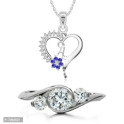 Vighnaharta Valentine Gift Ring with Alphabet Heart Pendant with Chain CZ Rhodium Plated Alloy Combo Set for Women and Girls- (VFJ1248PR-1574FRR12)