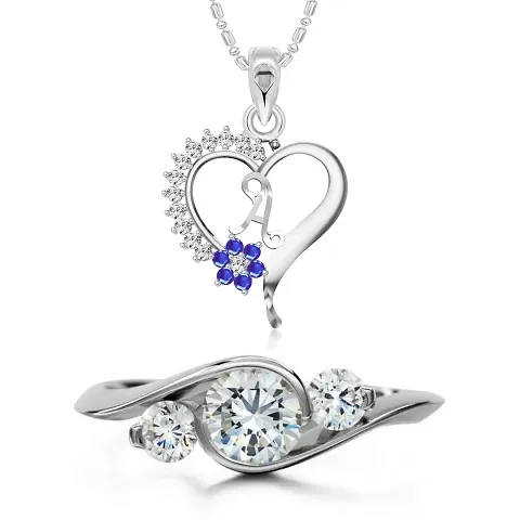 Vighnaharta Valentine Gift Ring with Alphabet Heart Pendant with Chain CZ Plated Alloy Combo Set for Women and Girls- (VFJ1257PR-1574FRR10)