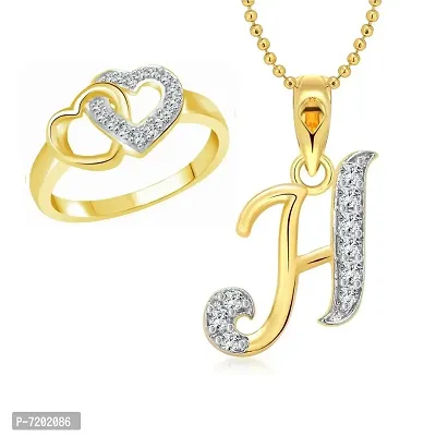 Vighnaharta Valentine Gift Hum Tum Heart Ring with Initial Letter ''H'' Pendant Gold and Rhodium Plated Jewellery Combo Set-thumb0