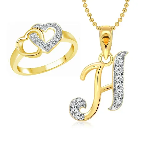 Vighnaharta Valentine Gift Hum Tum Heart Ring with Initial Letter ''H'' Pendant and Plated Jewellery Combo Set