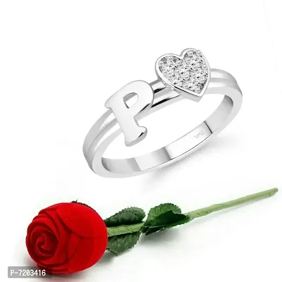 Vighnaharta cz alloy Rhodium plated Valentine collection Initial '' P '' Letter with heart ring alphabet collection with Scented Velvet Rose Ring Box for women and girls and your Valentine.