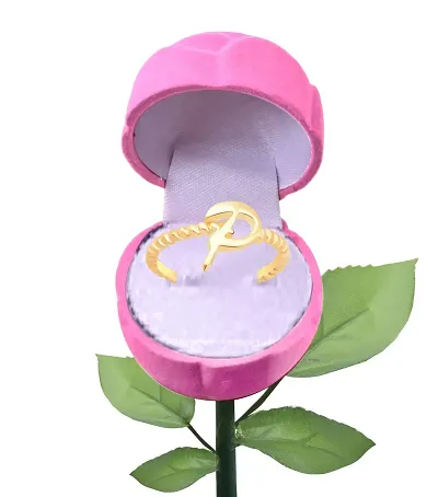 Vighnaharta Stylish P Letter Gold- Plated Alloy Ring With PROSE Ring Box {VFJ1311ROSE-PINK-G14 }