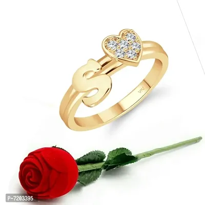Vighnaharta cz alloy Gold plated Valentine collection Initial '' S '' Letter with heart ring alphabet collection with Scented Velvet Rose Ring Box for women and girls and your Valentine.-thumb0