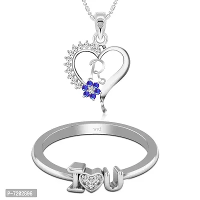 Vighnaharta Valentine Gift Ring with Alphabet Heart Pendant with Chain CZ Rhodium Plated Alloy Combo Set for Women and Girls- (VFJ1255PR-1474FRR14)-thumb0