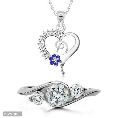 Vighnaharta Valentine Gift Ring with Alphabet Heart Pendant with Chain CZ Rhodium Plated Alloy Combo Set for Women and Girls- (VFJ1249PR-1574FRR16)