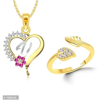 Vighnaharta Valentine Day Gifts Initial V Letter Pendant with Adjustable Ring CZ Gold and Rhodium Plated Alloy Jewellery set for Women and Girls.